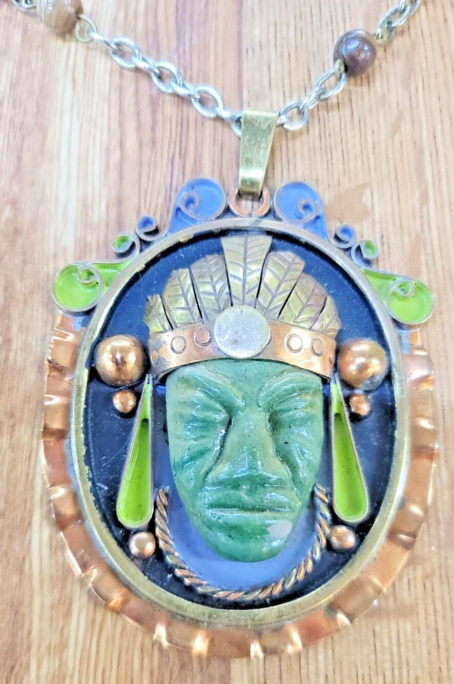 Vntg Mexico Copper & Brass Chain NecklaceDiazSantoy Aztec Mayn Jasper Face Pendt